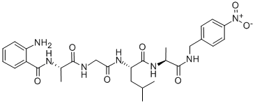 structure of CAS# 100307-95-7, N-(2-aminobenzoyl)-L-alanylglycyl-L-leucyl-N-[(4-nitrophenyl)methyl]-L-Alaninamide;2-Amino-N-[(2S)-2-[[(2S)-2-[[2-[[(2S)-2-Aminopropanoyl]Amino]Acetyl]Amino]-4-Methyl-Pentanoyl]Amino]Propanoyl]-N-[(4-Nitrophenyl)Methyl]Benzamide;2-Amino-N-[(2S)-2-[[(2S)-2-[[2-[[(2S)-2-Amino-1-Oxopropyl]Amino]-1-Oxoethyl]Amino]-4-Methyl-1-Oxopentyl]Amino]-1-Oxopropyl]-N-[(4-Nitrophenyl)Methyl]Benzamide;N-[(2S)-2-[[(2S)-2-[[2-(Alanylamino)Acetyl]Amino]-4-Methyl-Pentanoyl]Amino]Propanoyl]-2-Amino-N-(4-Nitrobenzyl)Benzamide