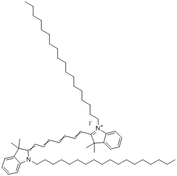 structure of CAS# 100068-60-8, Cy7 DiC18;diIC18(7) dye; DiR; 2-[7-(3,3-dimethyl-1-octadecylindol-1-ium-2-yl)hepta-2,4,6-trienylidene]-3,3-dimethyl-1-octadecylindole iodide