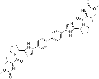 structure of CAS# 1009119-64-5, Daclatasvir;BMS 790052; EBP 883; N,N'-[[1,1'-Biphenyl]-4,4'-diylbis[1H-imidazole-5,2-diyl-(2S)-2,1-pyrrolidinediyl[(1S)-1-(1-methylethyl)-2-oxo-2,1-ethanediyl]]]biscarbamic acid C,C'-dimethyl ester