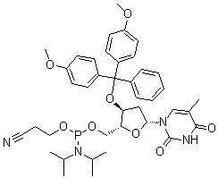 structure of CAS# 134031-86-0, 3'-O-[Bis(4-methoxyphenyl)phenylmethyl]thymidine 5'-[2-cyanoethyl bis(1-methylethyl)phosphoramidite]