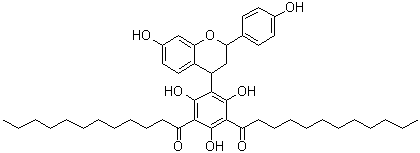 结构式 CAS# 144337-18-8, 1,1'-[5-[3,4-二氢-7-羟基-2-(4-羟基苯基)-2H-1-苯并吡喃-4-基]-2,4,6-三羟基-1,3-亚苯基]双[1-十二烷酮]