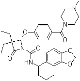 结构式 CAS# 157341-41-8, DMP 777; L 694458; (2S)-N-[(1R)-1-(1,3-苯并二氧戊环-5-基)丁基]-3,3-二乙基-2-[4-[(4-甲基-1-哌嗪基)羰基]苯氧基]-4-氧代-1-氮杂环丁烷甲酰胺