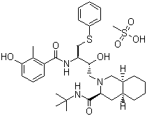 structure of CAS# 159989-65-8, Nelfinavir mesylate;(3S,4aS,8aS)-N-(1,1-Dimethylethyl)decahydro-2-[(2R,3R)-2-hydroxy-3-[(3-hydroxy-2-methylbenzoyl)amino]-4-(phenylthio)butyl]-3-isoquinolinecarboxamide mesylate