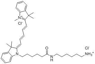 structure of CAS# 1807529-70-9, Cy5-Amine chloride hydrochloride;6-[6-[(2E)-3,3-dimethyl-2-[(2E,4E)-5-(1,3,3-trimethylindol-1-ium-2-yl)penta-2,4-dienylidene]indol-1-yl]hexanoylamino]hexylazanium;dichloride