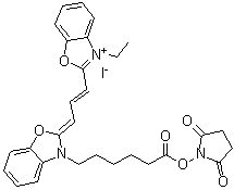 structure of CAS# 186205-33-4, 2-[3-[3-[6-[(2,5-Dioxo-1-pyrrolidinyl)oxy]-6-oxohexyl]-2(3H)-benzoxazolylidene]-1-propenyl]-3-ethylbenzoxazolium iodide