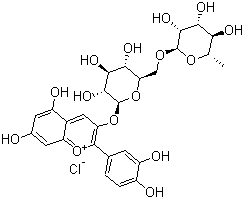 structure of CAS# 18719-76-1, Cyanidin 3-rhamnoglucoside chloride;3-O-Rutinosylcyanidin; 7,4'-Dihydroxyflavilium chloride; Keracyanin chloride; 3-[[6-O-(6-Deoxy-alpha-L-mannopyranosyl)-beta-D-glucopyranosyl]oxy]-2-(3,4-dihydroxyphenyl)-5,7-dihydroxy-1-benzopyrylium chloride