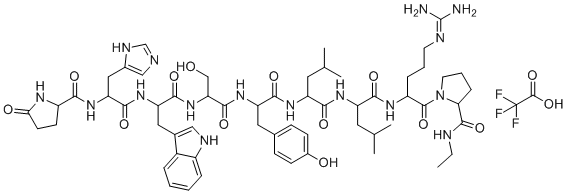 structure of CAS# 1872435-00-1, Leuprolide Acetate EP Impurity F;N-[1-[[1-[[1-[[1-[[1-[[1-[[5-(diaminomethylideneamino)-1-[2-(ethylcarbamoyl)pyrrolidin-1-yl]-1-oxopentan-2-yl]amino]-4-methyl-1-oxopentan-2-yl]amino]-4-methyl-1-oxopentan-2-yl]amino]-3-(4-hydroxyphenyl)-1-oxopropan-2-yl]amino]-3-hydroxy-1-oxopropan-2-yl]amino]-3-(1H-indol-3-yl)-1-oxopropan-2-yl]amino]-3-(1H-imidazol-5-yl)-1-oxopropan-2-yl]-5-oxopyrrolidine-2-carboxamide;2,2,2-trifluoroacetic acid