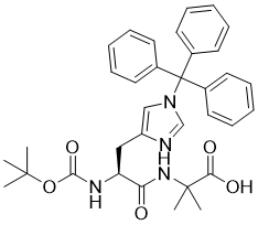 structure of CAS# 2061897-68-3, Boc-His(Trt)-Aib-OH;2-methyl-2-[[(2S)-2-[(2-methylpropan-2-yl)oxycarbonylamino]-3-(1-tritylimidazol-4-yl)propanoyl]amino]propanoic acid