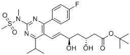 structure of CAS# 2162136-65-2, Rosuvastatin (3R,5R)-Isomer t-Butyl Ester;(3R,5R,6E)-7-[4-(4-Fluorophenyl)-6-(1-methylethyl)-2-[methyl(methyl sulfonyl)amino]-5-pyrimidinyl]-3,5-dihydroxy-6-heptenoic acid t-butyl ester