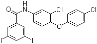 结构式 CAS# 22662-39-1, 雷复尼特; 碘醚柳胺; 重碘柳胺; 3-氯-4-(对氯苯氧基)-3,5-二碘水杨酰苯胺