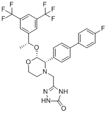 structure of CAS# 2348441-63-2, Aprepitant EP Impurity C;5-[[(2R,3S)-2-[(1R)-1-[3,5-Bis(trifluoromethyl)phenyl]ethoxy]-3-(4'-fluorobiphenyl-4-yl)morpholin-4-yl]methyl]-1,2-dihydro-3H-1,2,4-triazol-3-one