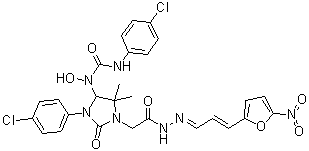 structure of CAS# 412960-54-4, Eeyarestatin I;3-(4-Chlorophenyl)-4-[[[(4-chlorophenyl)amino]carbonyl]hydroxyamino]-5,5-dimethyl-2-oxo-1-imidazolidineacetic acid 2-[3-(5-nitro-2-furanyl)-2-propen-1-ylidene]hydrazide