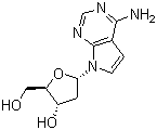 structure of CAS# 60129-59-1, 2'-Deoxy-7-deazaadenosine;4-Amino-7-(2-deoxy-beta-D-erythro-pentofuranosyl)-7H-pyrrolo[2,3-d]pyrimidine; 7-(2-Deoxy-beta-D-erythro-pentofuranosyl)-7H-pyrrolo[2,3-d]pyrimidin-4-amine; 2'-Deoxytubercidin; 2'-Deoxyxylotubercidin; 7-Deaza-2'-deoxyadenosine; 7-Deazadeoxyadenosine; Deoxytubercidin