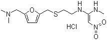 structure of CAS# 66357-35-5, Ranitidine hydrochloride;N'-[2-[[5-(Dimethylaminomethyl)-2-furyl]methylsulfanyl]ethyl]-N-methyl-2-nitro-ethene-1,1-diamine hydrochloride