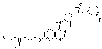 结构式 CAS# 722544-51-6, AZD1152-HQPA; 5-[[7-[3-[乙基(2-羟基乙基)氨基]丙氧基]-4-喹唑啉]氨基]-N-(3-氟苯基)-1H-吡唑-3-乙酰胺