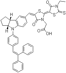 structure of CAS# 786643-20-7, D 149;5-[[4-[4-(2,2-Diphenylethenyl)phenyl]-1,2,3,3a,4,8b-hexahydrocyclopent[b]indol-7-yl]methylene]-2-(3-ethyl-4-oxo-2-thioxo-5-thiazolidinylidene)-4-oxo-3-thiazolidineacetic acid
