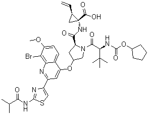 structure of CAS# 801283-95-4, Faldaprevir;(1R,2S)-N-[(Cyclopentyloxy)carbonyl]-3-methyl-L-valyl-(4R)-4-[[8-bromo-7-methoxy-2-[2-[(2-methyl-1-oxopropyl)amino]-4-thiazolyl]-4-quinolinyl]oxy]-L-prolyl-1-amino-2-ethenyl-cyclopropanecarboxylic acid; BI 201335