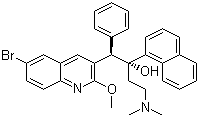 structure of CAS# 843663-66-1, 6-Bromo-alpha-[2-(dimethylamino)ethyl]-2-methoxy-alpha-1-naphthalenyl-beta-phenyl-3-quinolineethanol