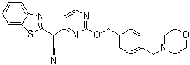 结构式 CAS# 848344-36-5, AS 602801; Bentamapimod; (1,3-苯并噻唑-2-基)[2-[4-[(吗啉-4-基)甲基]苄氧基]嘧啶-4-基]乙腈