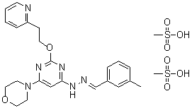 structure of CAS# 870087-36-8, Apilimod mesylate;3-Methylbenzaldehyde [6-(4-morpholinyl)-2-[2-(2-pyridinyl)ethoxy]-4-pyrimidinyl]hydrazone dimethanesulfonate; Apilimod dimesylate; Apilimod mesylate; STA 5326 mesylate