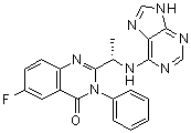 structure of CAS# 870281-34-8, Acalisib;6-Fluoro-3-phenyl-2-[(1S)-1-(1H-purin-6-ylamino)ethyl]-4(3H)-quinazolinone