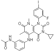 structure of CAS# 871700-25-3, N-[3-[[3-Cyclopropyl-1-(2-fluoro-4-iodophenyl)-6,8-dimethyl-2,4,7-trioxo-1,2,3,4,7,8-hexahydropyrido[2,3-d]pyrimidin-5-yl]amino]phenyl]acetamide