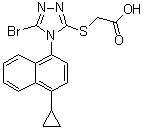 structure of CAS# 878672-00-5, Lesinurad;2-[[5-Bromo-4-(4-cyclopropylnaphthalen-1-yl)-4H-1,2,4-triazol-3-yl]thio]acetic acid; RDEA 594