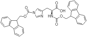 structure of CAS# 98929-98-7, N,N'-Bis(9-fluorenylmethyloxycarbonyl)-L-histidine;Fmoc-His(Fmoc)-OH